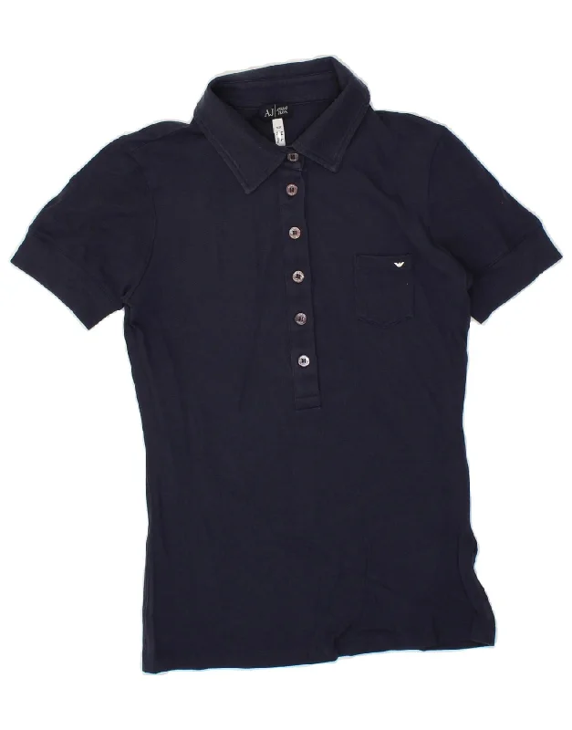 ARMANI JEANS Womens Polo Shirt UK 14 Large Navy Blue Viscose Comfortable Fit Short Shirt