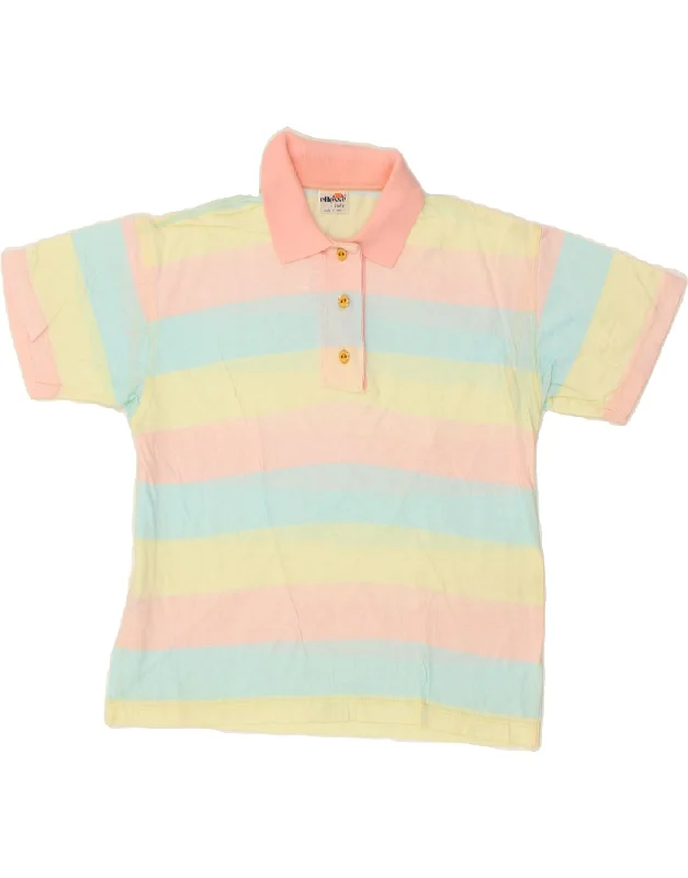 ELLESSE Womens Polo Shirt UK 12 Medium Multicoloured Striped Cotton Fashionable Cuffed Short Sleeve