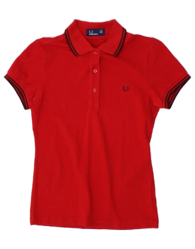 FRED PERRY Womens Polo shirt UK 10 Small  Red Cotton Elegant Silk Short Shirt