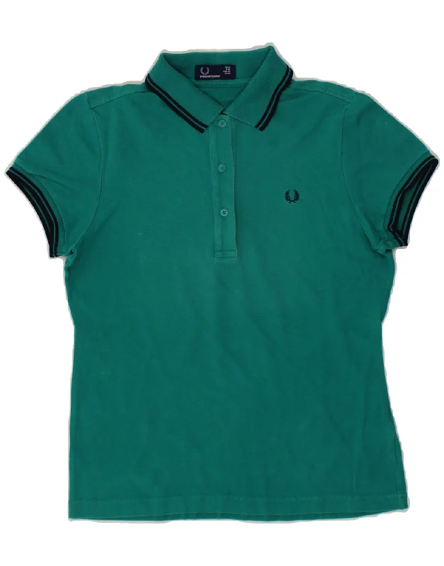 FRED PERRY Womens Polo Shirt UK 12 Medium Green Cotton Relaxed Fit Short Tunic