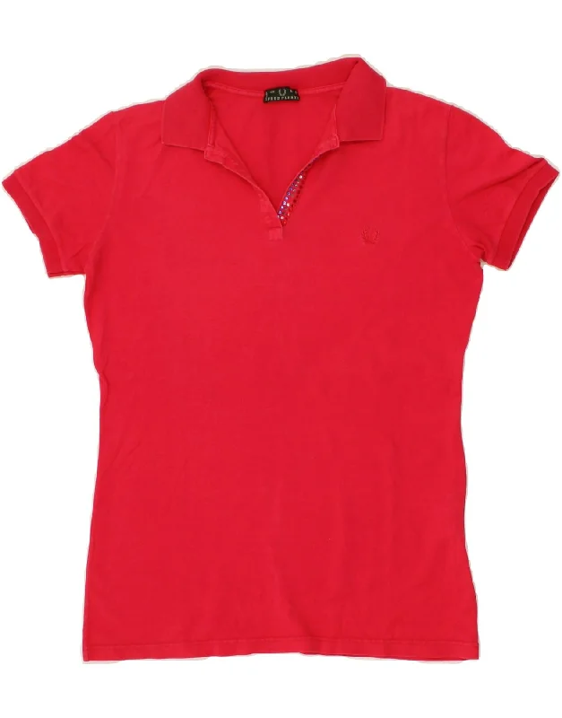 FRED PERRY Womens Polo Shirt UK 14 Large Red Cotton Stylish Pleated Short Sleeve