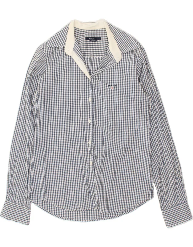 GANT Womens Shirt UK12 Medium  Blue Gingham Cotton Chic Button-Up Short Shirt