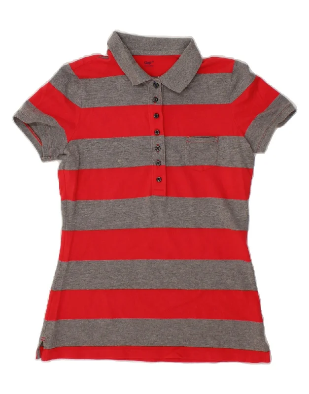 GAP Womens Polo Shirt UK 12 Medium Red Striped Cotton Fashionable Pleated Short Shirt