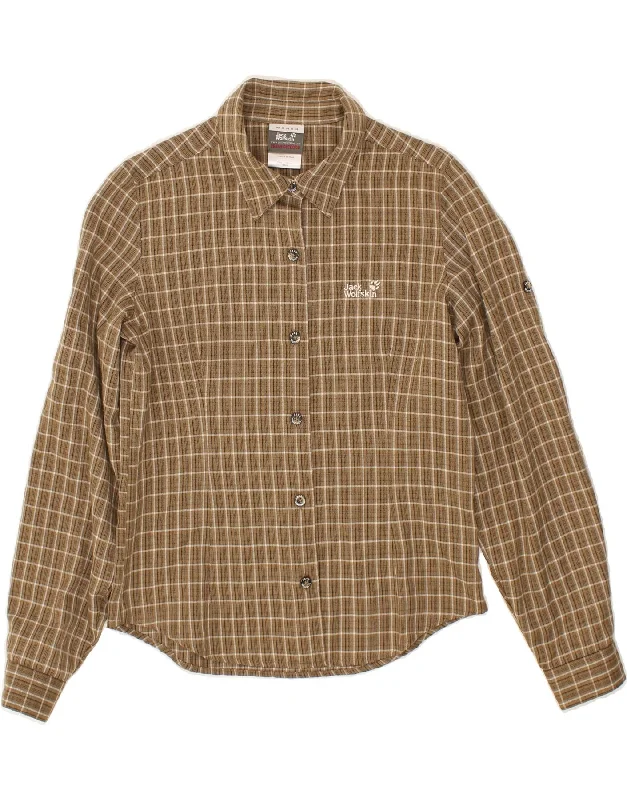 JACK WOLFSKIN Womens Shirt UK 8 Small  Brown Check Polyester Relaxed Cotton Short Blouse