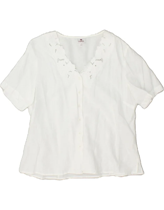 KINGFIELD Womens Shirt Blouse EU 42 Large White Floral Linen Trendy Summer Short Sleeve