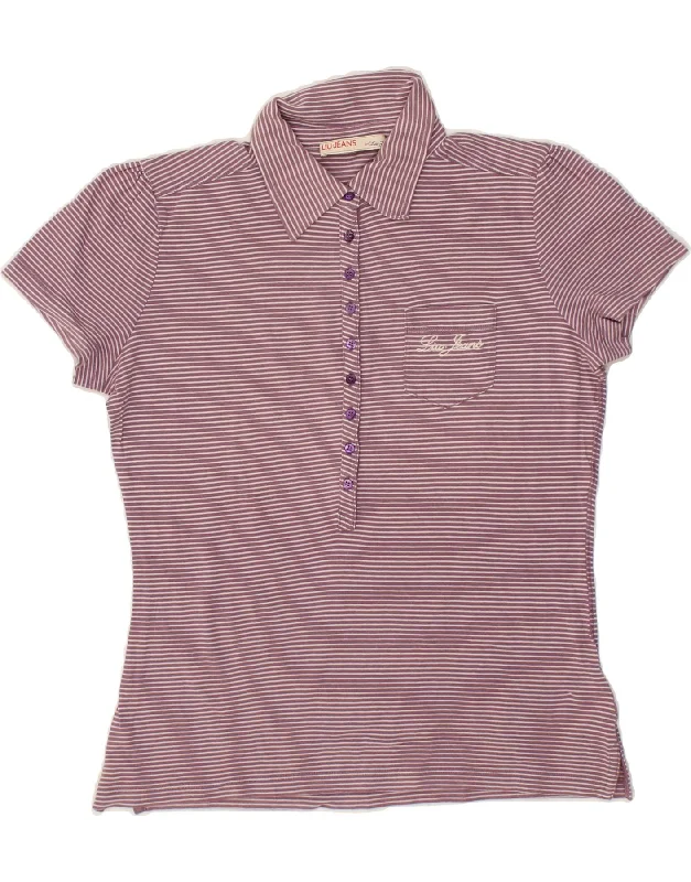 LIU JO Womens Polo Shirt UK 12 Medium Purple Pinstripe Stylish Round Neck Shirt