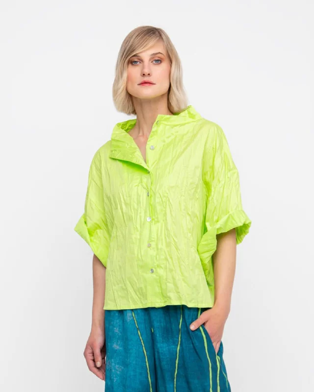 Ozai N Ku Crinkle Funnel Shirt, Lime Elegant Draped Short Sleeve