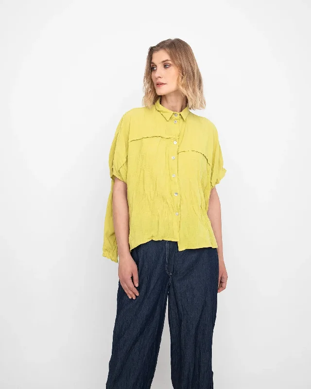 Ozai N Ku Easy Button Down Shirt, Yellow Fashionable Button-Front Short Sleeve