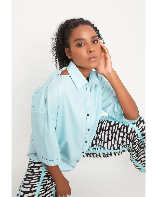 Ozai N Ku Oceania Cutout Shirt, Azure Casual Oversized Short Shirt