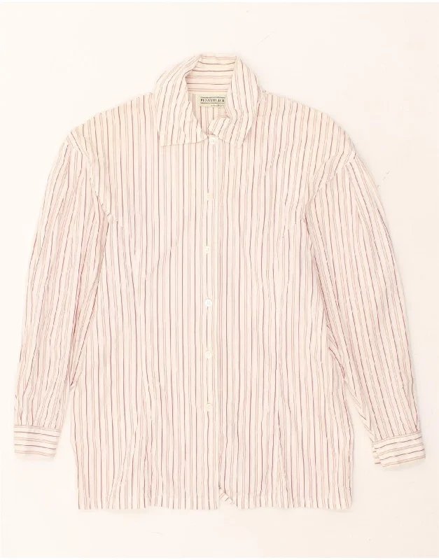 PENNY BLACK Womens Shirt IT 42 Medium Pink Striped Cotton Trendy Ruffled Short Sleeve