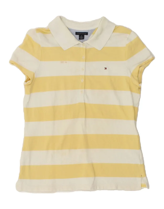 TOMMY HILFIGER Womens Polo Shirt UK 12 Medium Yellow Striped Cotton Casual Plain Short Shirt