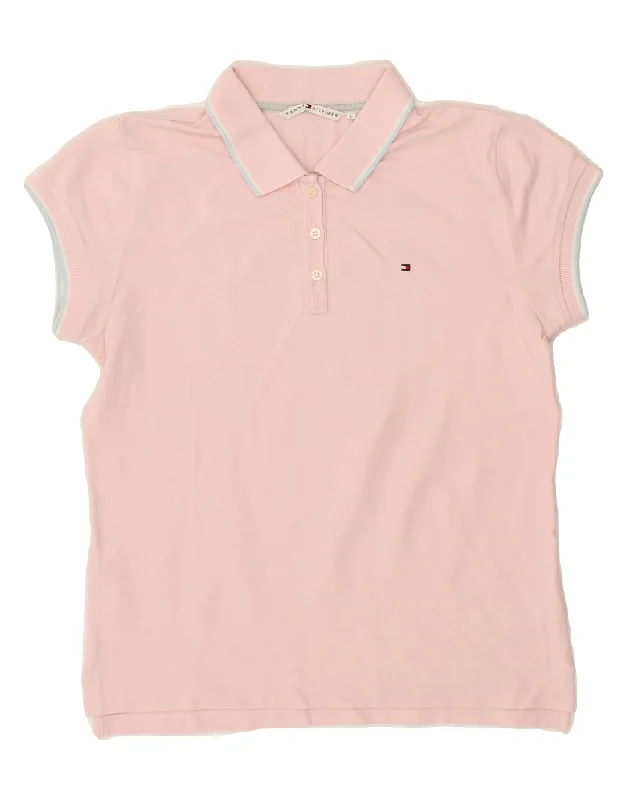 TOMMY HILFIGER Womens Polo Shirt UK 14 Large Pink Comfortable Ribbed Short Sleeve