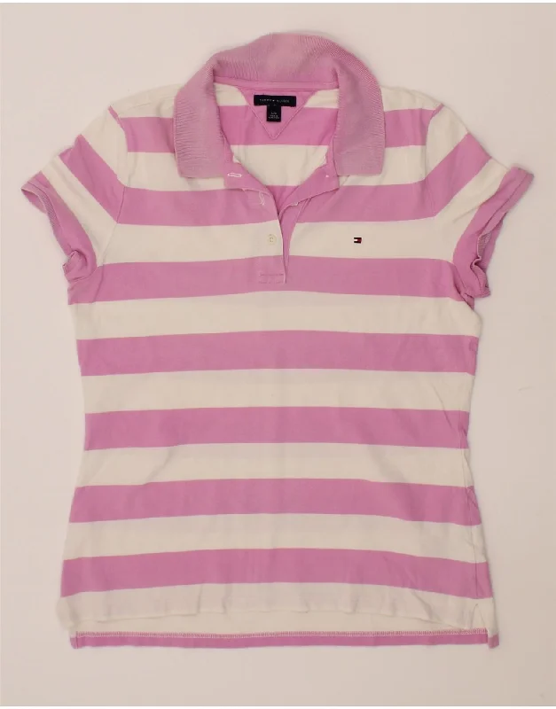 TOMMY HILFIGER Womens Polo Shirt UK 14 Large Pink Striped Cotton Comfortable Ribbed Short Sleeve