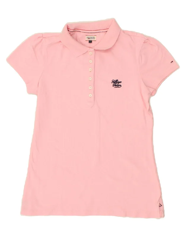 TOMMY HILFIGER Womens Polo Shirt UK 14 Large Pink Stylish Pleated Short Sleeve