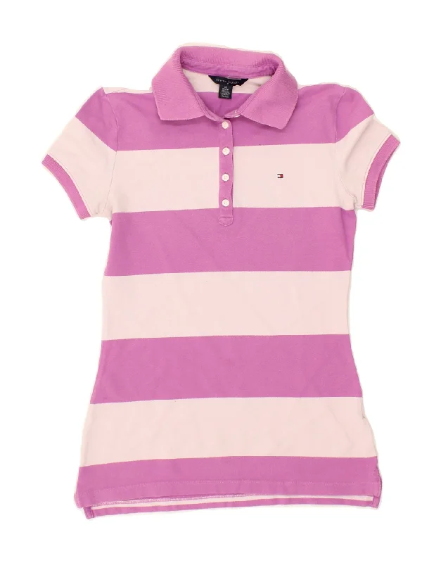 TOMMY HILFIGER Womens Polo Shirt UK 6 XS Pink Striped Casual Ruffle Short Shirt