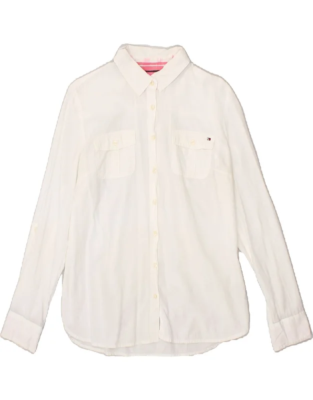 TOMMY HILFIGER Womens Shirt UK 14 Medium White Cotton Comfortable Fit Short Shirt