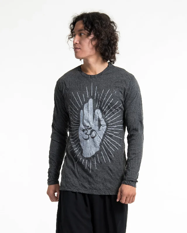 Unisex Hand of Om Long Sleeve Shirt in Silver on Black Casual Boxy Short Shirt