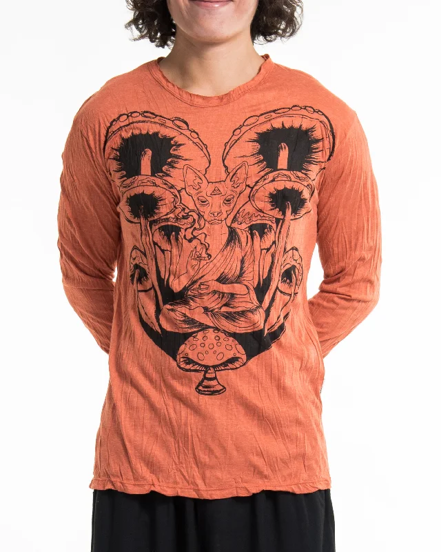 Unisex Spiritual Shroom Cat Long Sleeve Shirt in Orange Elegant Lace Short Sleeve