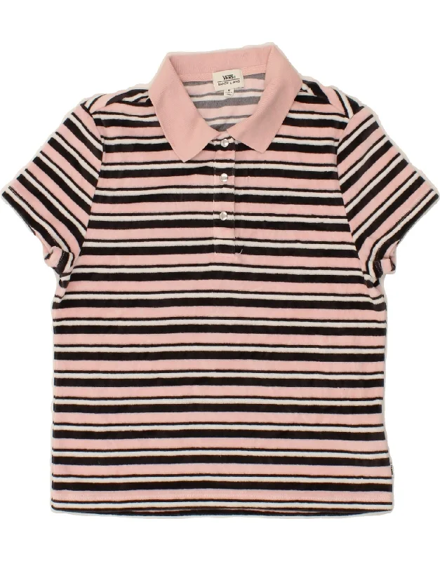 VANS Womens Polo Shirt UK 12 Medium Pink Striped Cotton Comfortable Flowing Short Sleeve