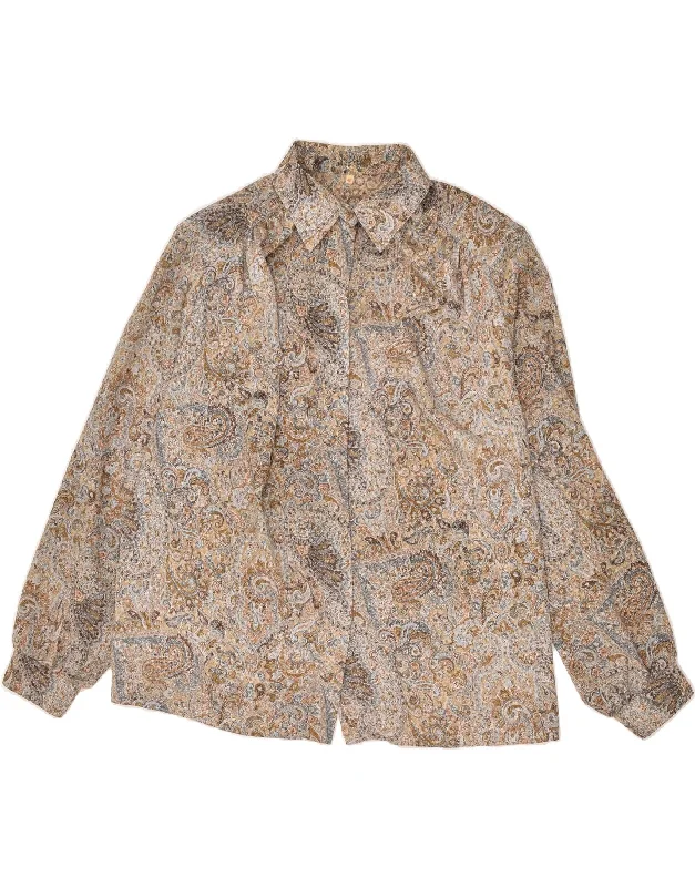 VINTAGE Womens Shirt Blouse IT 48 2XL Brown Paisley Casual Cotton Short Shirt