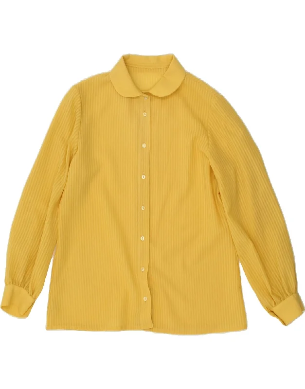 VINTAGE Womens Shirt Blouse UK 12 Medium Yellow Striped Polyester Soft Cotton Short Shirt