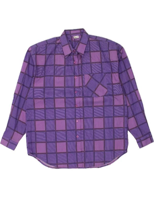 VINTAGE Womens Shirt EU 44/46 XL Purple Check Cotton Trendy Turtleneck Short Shirt