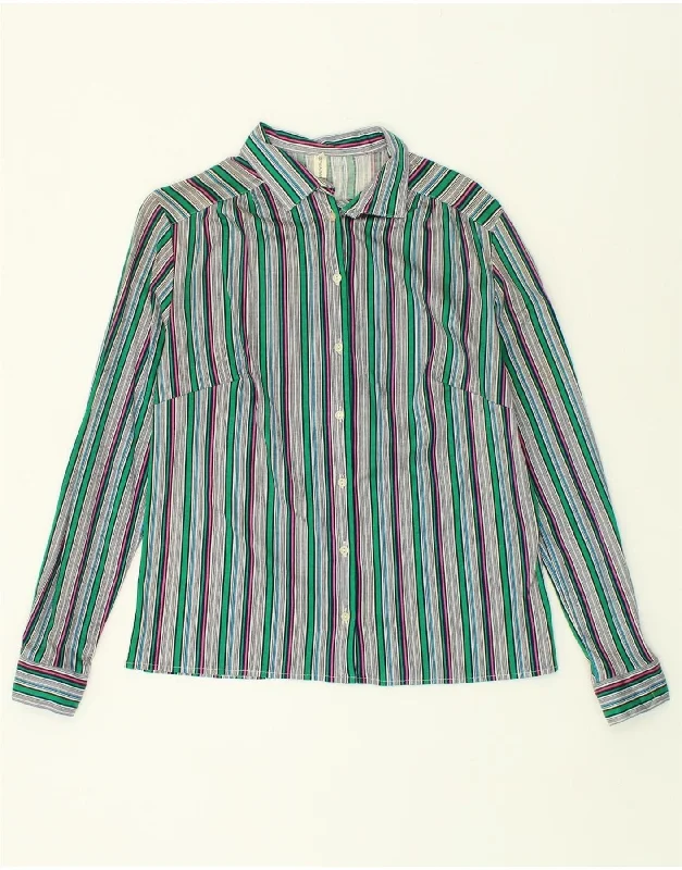 VINTAGE Womens Shirt IT 46 Large Green Striped Cotton Trendy Short Sleeve Tunic