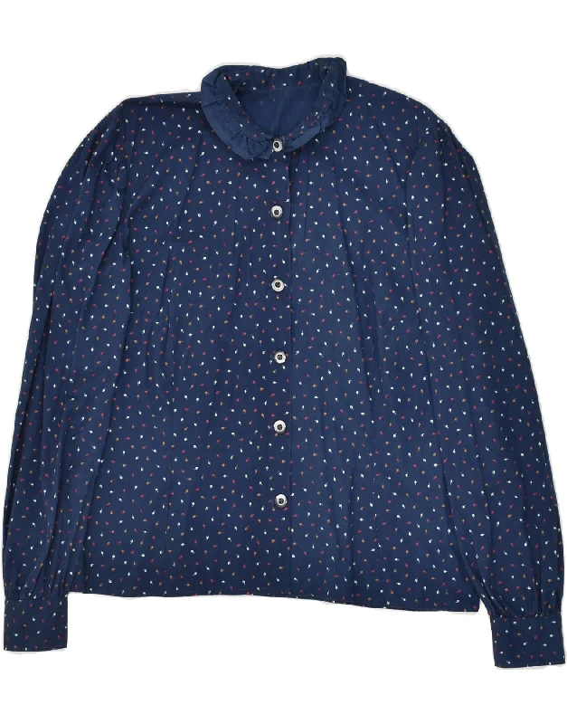 VINTAGE Womens Shirt UK 14 Large Navy Blue Spotted Comfortable Fit Short Shirt