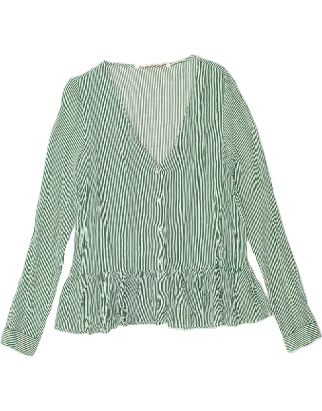 ZARA Womens Shirt Blouse UK 16 Large Green Striped Viscose Elegant Lace-Trimmed Short Shirt