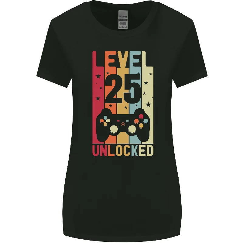 25th Birthday 25 Year Old Level Up Gaming Womens Wider Cut T-Shirt Collared T-Shirt Boat Neck A-Line