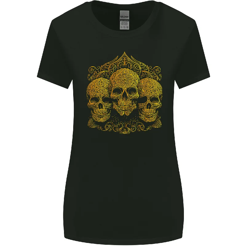 3 Ornate Gold Skulls Gothic Goth Womens Wider Cut T-Shirt Jersey Fabric Tulle Fabric Batik Fabric