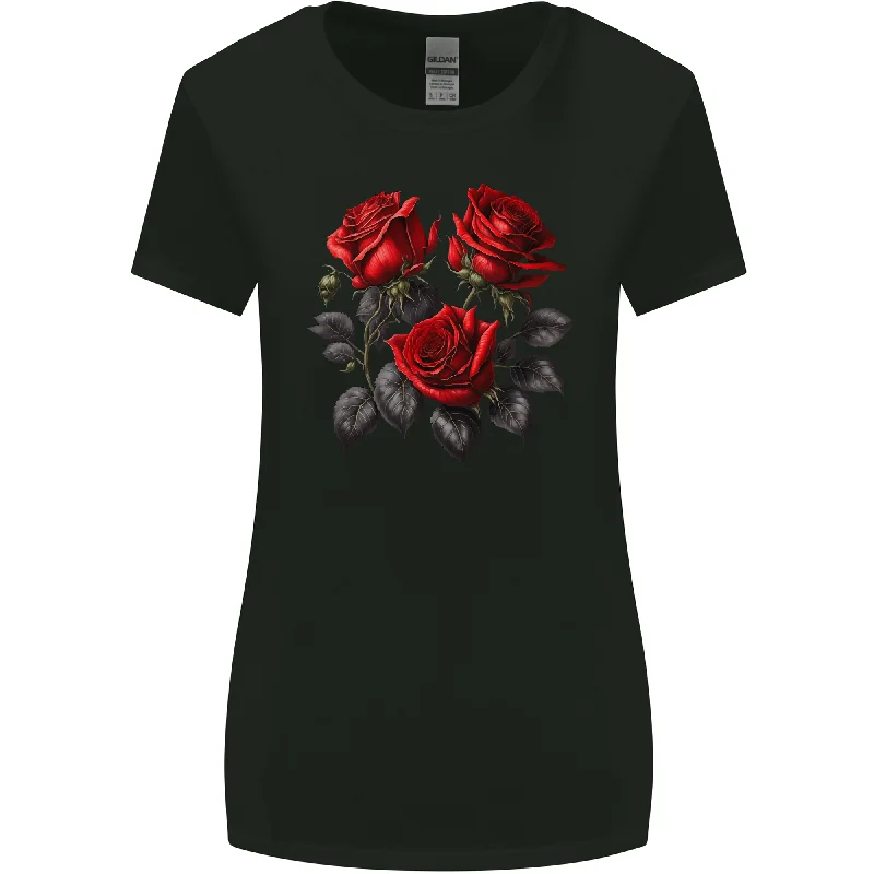 3 Red Roses Gothic Goth Womens Wider Cut T-Shirt Collared Crew Neck Turtle Neck