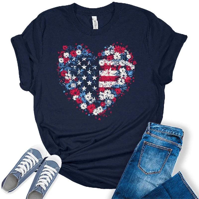 Womens 4th of July Heart Shirt American Flag T-Shirt Patriotic Graphic Tees for Women Collared T-Shirt Boat Neck A-Line