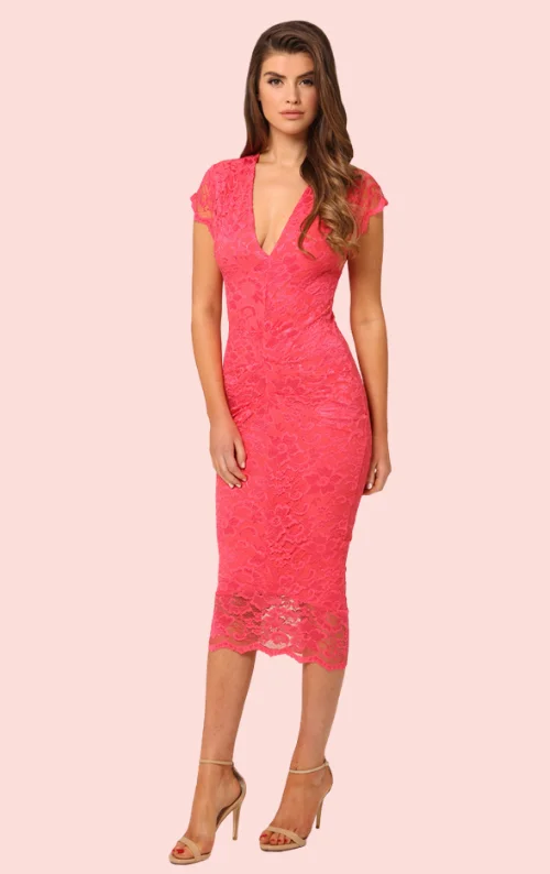 Adrianna Lace Midi Dress - Coral Chic Lace Detail Midi Dress