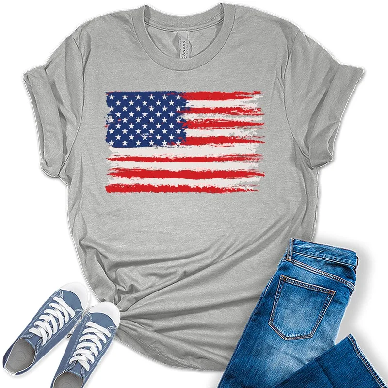 American Flag Shirts Short Sleeve Women Patriotic Shirt 4th of July Tee Tops Crewneck Summer T-Shirt Spandex Blend Rayon Blend Denim Blend