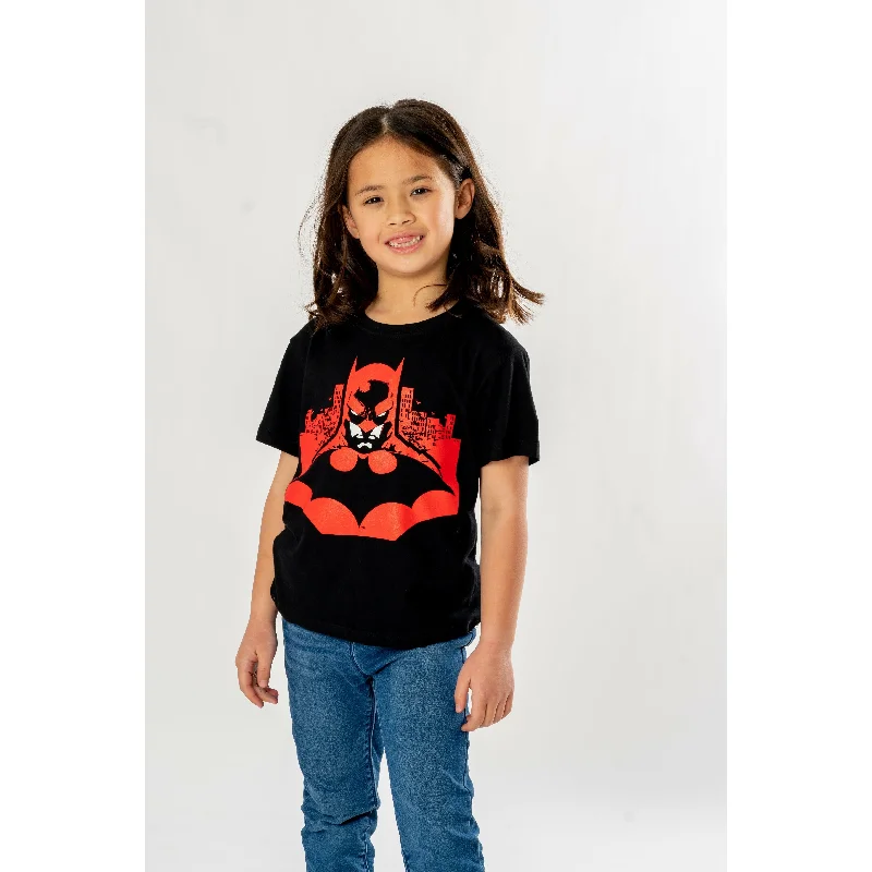 Batman Kids Black Gotham Skyline T-Shirt DC Silk Blend Satin Velvet