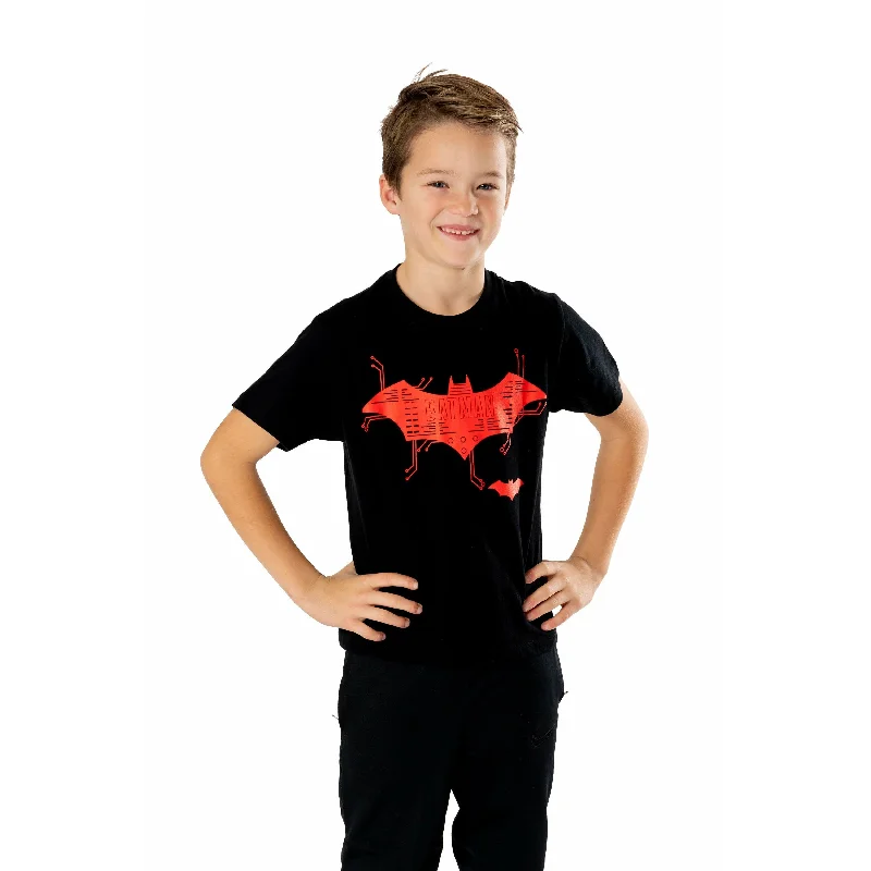 Batman Kids Black Tech Logo T-Shirt DC Hooded Caped Shawl Collar