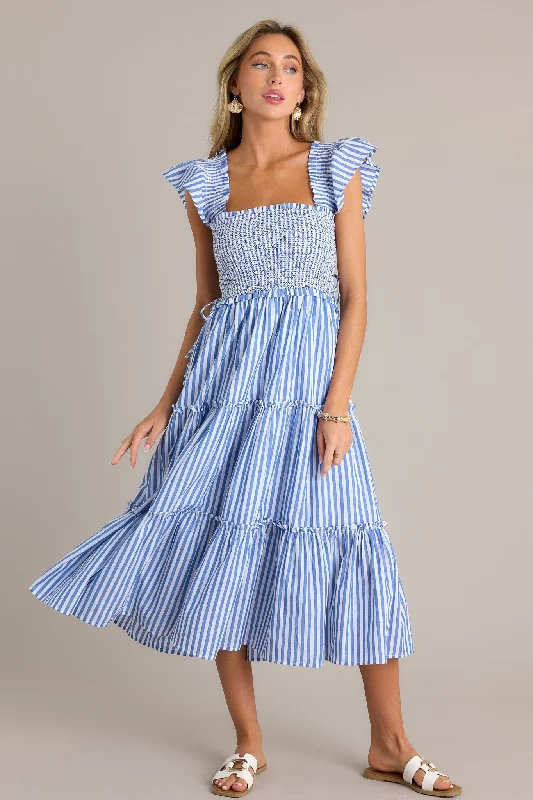 Bayside Stroll 100% Cotton Blue Stripe Smocked Midi Dress Comfortable Knitwear Midi Dress