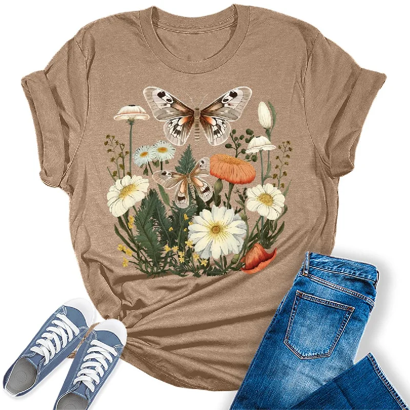 Beautiful Flower Butterfly Graphic Tees for Women Mesh Fabric Canvas Fabric Denim Fabric