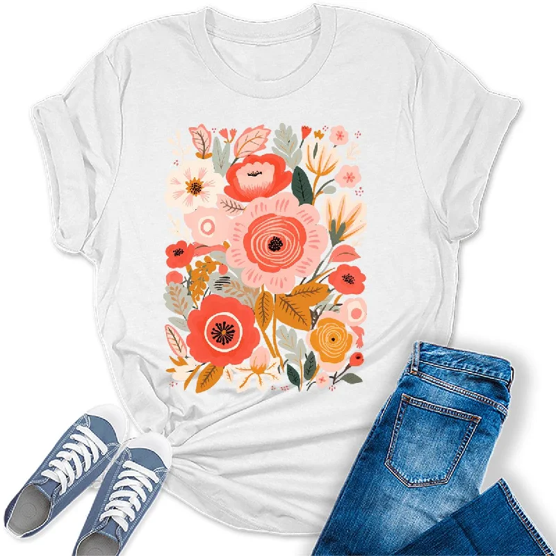 Beautiful Painted Flower  Graphic Tees For Women Thin T-Shirt Open Front Quick Dry