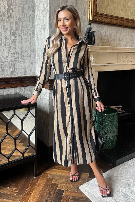 Beige Striped Print Button Front Belted Shirt Midi Dress Fashionable Skater Midi Dress