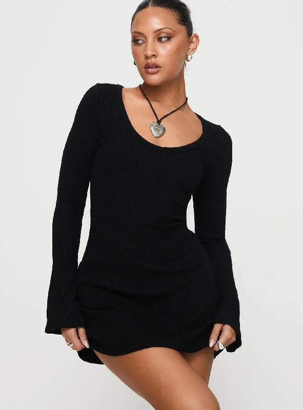 Best Interest Long Sleeve Mini Dress Black Tall Elegant Lace-Up Mini Dress