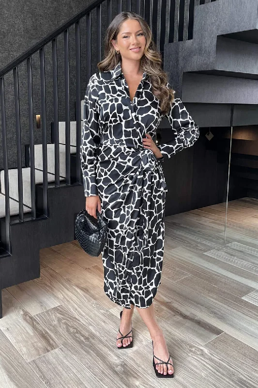 Black And White Giraffe Print Side Tie Waist Wrap Midi Dress Fashionable Wide Leg Midi Dress