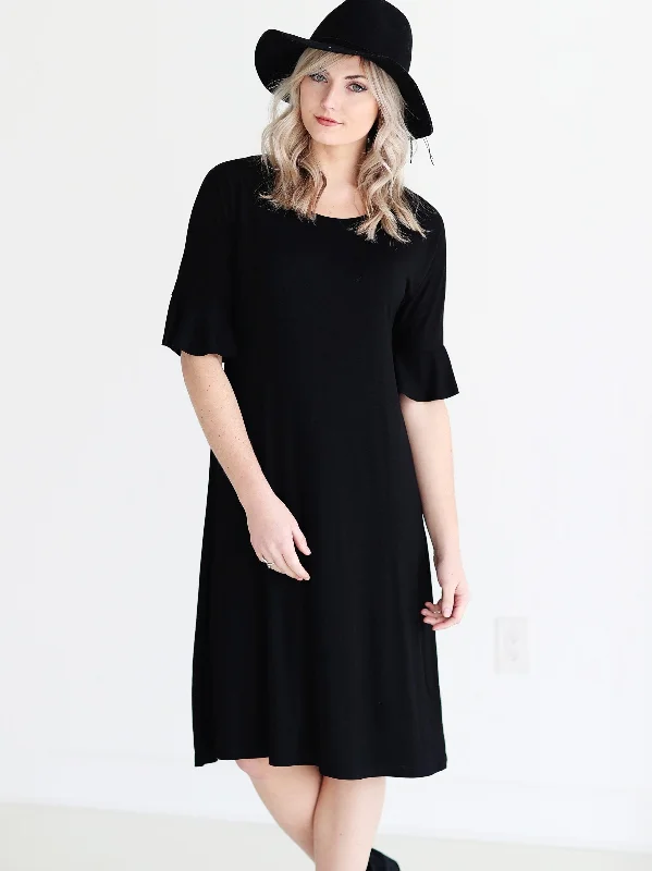 Black DLMN Cropped Bell Sleeve Midi Dress Elegant Satin Midi Dress