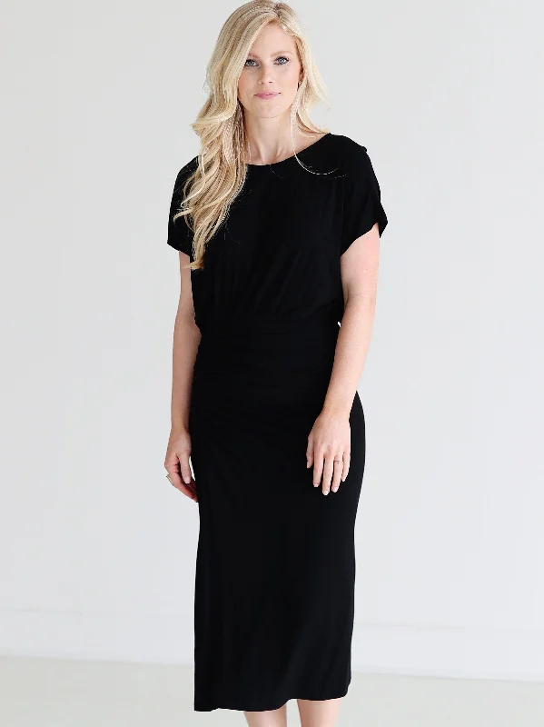 Black DLMN Ruched Side Midi Dress Cozy Spaghetti Strap Midi Dress