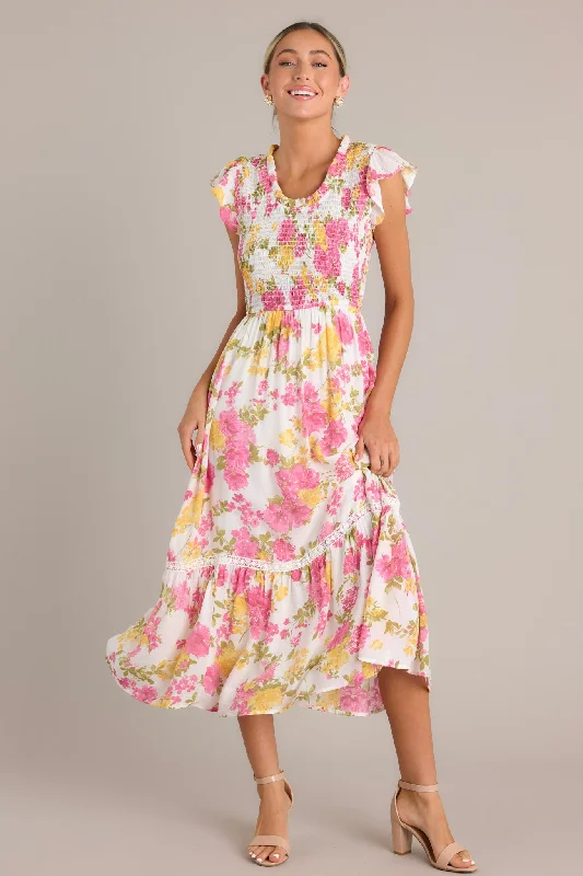 Bloom Burst White Multi Floral Midi Dress Comfortable Fit-and-Flare Midi Dress