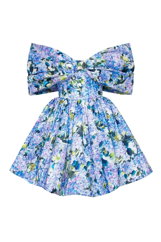 Blue Hydrangea bow-detailed mini dress Fashionable Denim Mini Dress