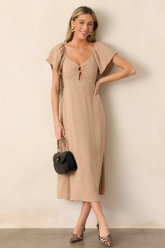 Boho Beauty Tan Puff Sleeve Midi Dress Chic Bohemian Midi Dress