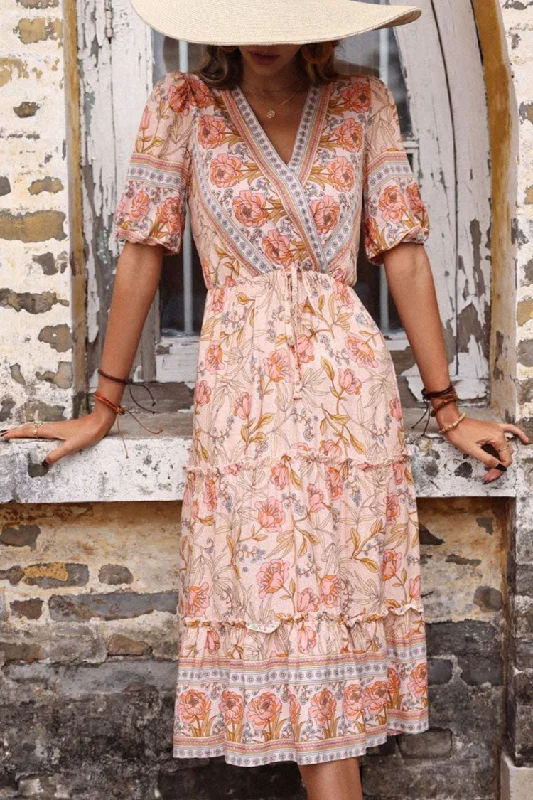 Boho Chic V Neck Ruffle Tiered Floral Printed Midi Dress - Pink Trendy Ruffled Sleeve Midi Dress