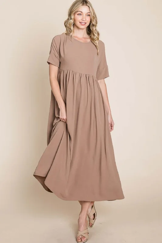 Round Neck Ruched Midi Dress Comfortable Ribbed Midi Dress